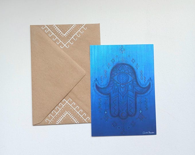 Blaue Hamsa Postkarte + handbemalter Briefumschlag– Hand der Fatima
