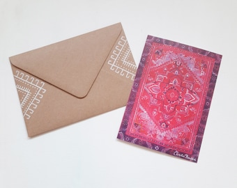 Morocco Postcard + handpainted envelope–DIN A6–Magic Carpet Postcard–Mini Art–Moroccan rug–Colorful postcards–Oriental art–1001 nights art