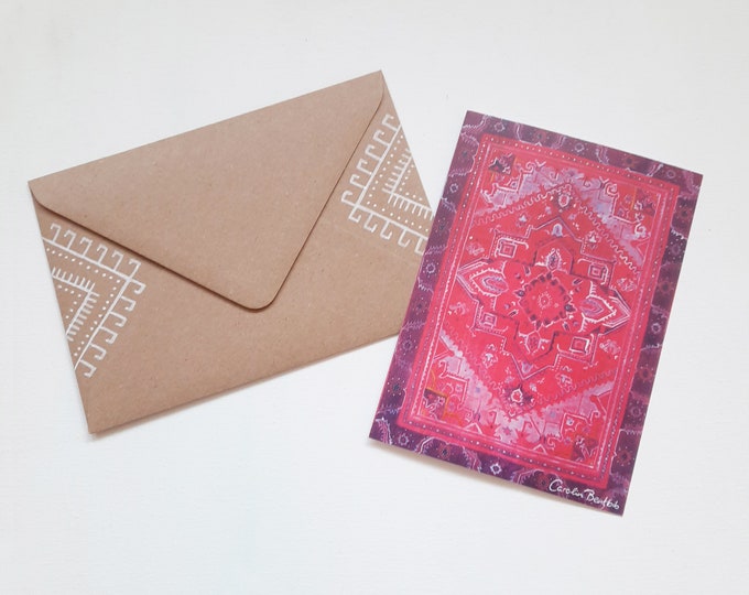 Marokko Postkarte + handbemalter Briefumschlag – Marokkanischer Teppich – Magischer Teppich