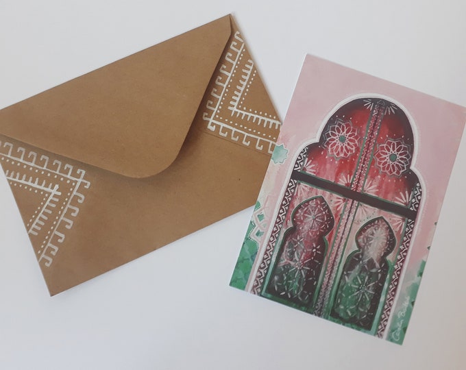 Marokkanische Tür Postkarte + handbemalter Umschlag–DIN A6