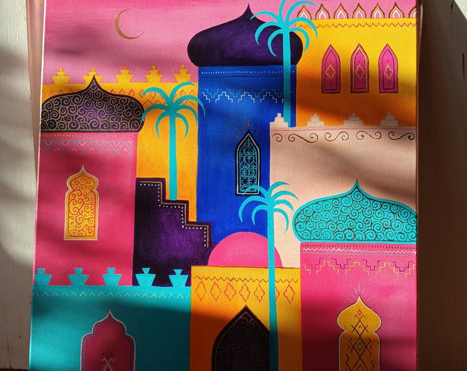Farbenfrohe marokkanische Stadt – Original Acryl Gemälde – 50 x 60 cm