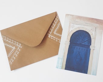Marokko Postkarte + handbemalter Umschlag–DIN A6–Blaue marokkanische Tür–Marokko Grußkarte–Essaouira Postkarte–Marokko Gemälde