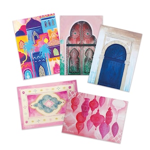 Set of 5 printed Morocco Postcards–DIN A6–Mini Art–Moroccan doors–Moroccan lanterns–magic carpet–Colorful postcards–Oriental art–Boho art