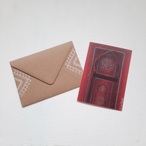 Carte postale Maroc + enveloppe peinte à la main – Porte marocaine – Art marocain – 1001 nuits – Coffret cadeau de l'Aïd