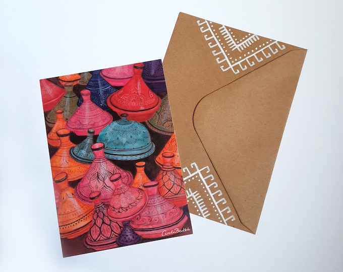 Farbenfrohe Marokko Postkarte + handbemalter Briefumschlag – Bunte Tajines