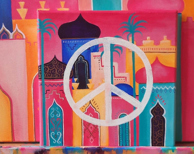 Peace Zeichen Gemälde – Marokkanische Stadt – Original Marokko Acryl Gemälde