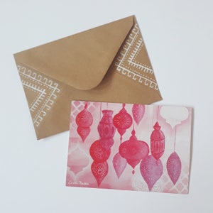 Carte postale du Maroc + enveloppe peinte à la main – DIN A6 – Lanterne marocaine – Lampe marocaine – Carte de vœux orientale – Art marocain