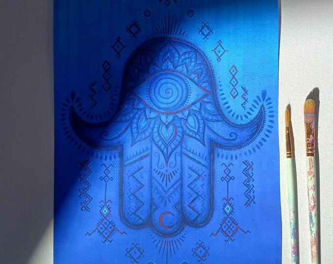 Blauer Hamsa Kunstdruck - Hand der Fatima