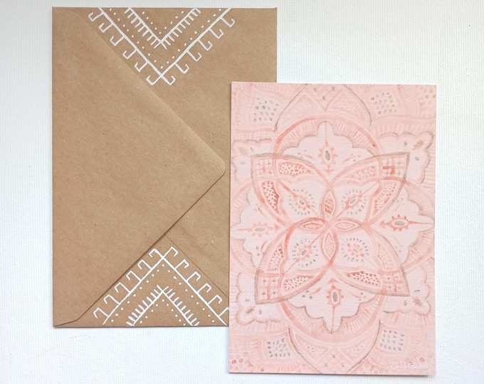 Rosa Mandala Postkarte + handbemalter Briefumschlag – Marokkanische Muster
