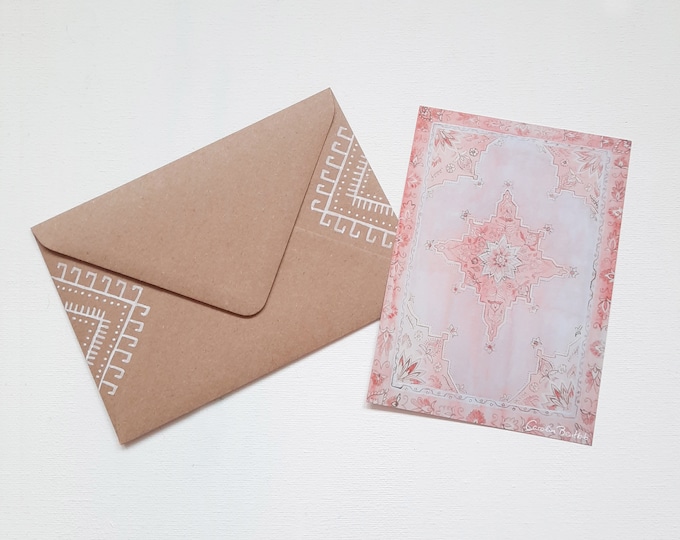 Marokko Postkarte + handbemalter Briefumschlag – Marokkanischer Teppich