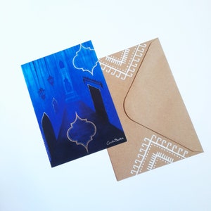 Blauwe Chefchaouen ansichtkaart + handgeschilderde envelop – Oosterse wenskaart
