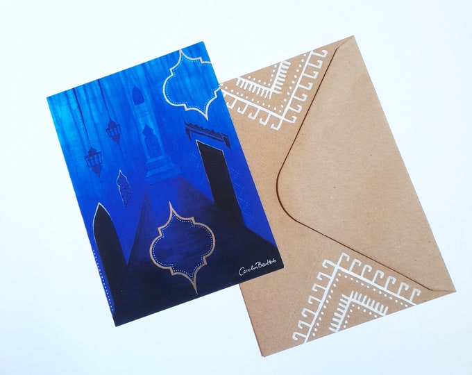 Blaue Chefchaouen Postkarte + handbemalter Briefumschlag– Orientalische Grußkarte