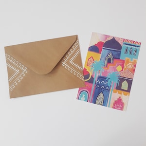 Cartolina colorata del Marocco + busta dipinta a mano – Arte marocchina – Città marocchina colorata – Biglietto di auguri orientale