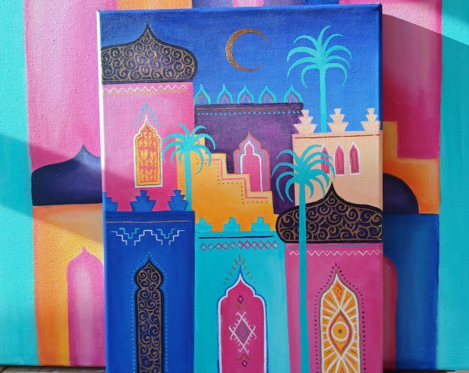 Farbenfrohe marokkanische Stadt – Original Acryl Gemälde