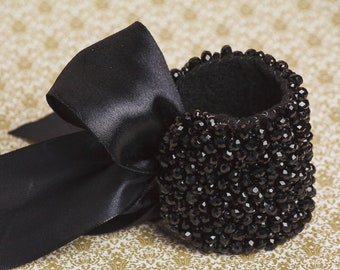 Black wide cuff bracelet Chunky glass bracelet gift for wife Fashion embroidery dress rhinestone Beaded bracelet bridesmaids accessory