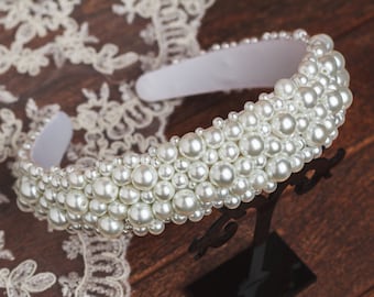 Pearl headband for wedding hair accessories Wide jeweled headband White tiara for bridesmaids Spring diadem Prom dolce pearls headband