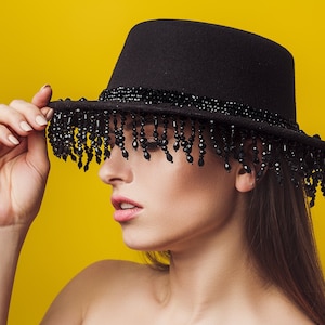 Burning man hat Festival burner hat Fashion festival accessories for Playa Black Unisex fringe hat with tassels Fedora Wide Brim Hat