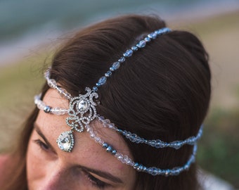 Tikka headpiece Crystal hair chain Forehead jewelry Silver Clear Princess delicate Boho beach festival Prom Indian wedding headpiece