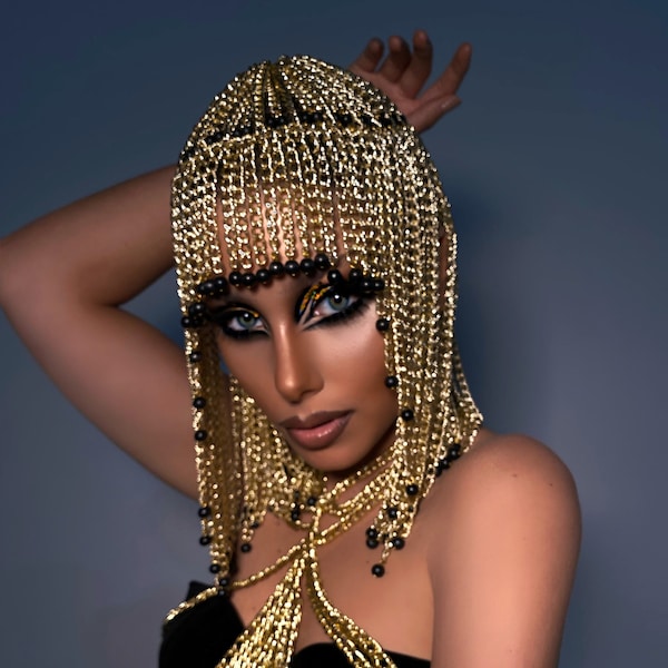 Gold Chain Wigs Gold Wig Gold Hair Chain Head Dress Fashion Wigs Festival Head Piece Egypt Head Chain Hair Accessories Burning man Headdress