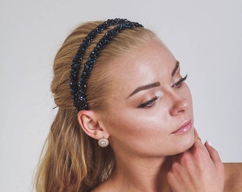 Double headband Black beaded headband Baroque modern women dolce headband Wedding crystal tiara Burning man mask Prom fashion crown