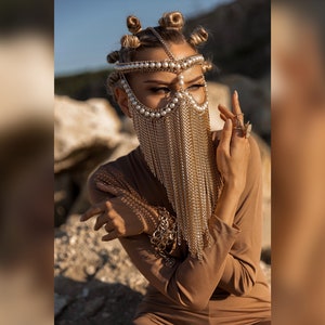 Gold face chain mask Arabic style jewelry Face chain Burning man outfit Halloween costume headpiece Gold face veil