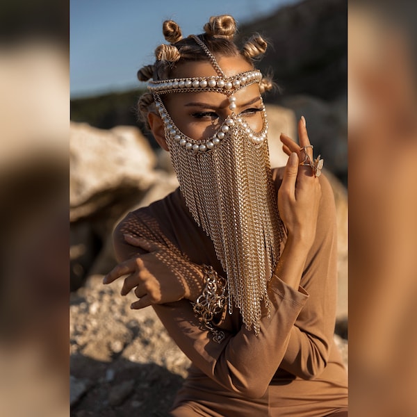 Gold face chain mask Arabic style jewelry Face chain Burning man outfit Halloween costume headpiece Gold face veil