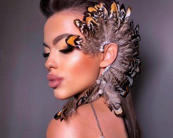 Feather Ear Cuff – Tribal Festival Ear Jewelry, Boho Feather Ear Wrap, Burning Man Accessory, Statement Ear Piece
