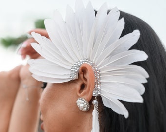 White Feather Ear Wrap Cuff for Ear Natural Feathers Jewelry Boho Gothic Fairy Ear Cuff Feather Ear Cuff Masquerade Festival Earrings