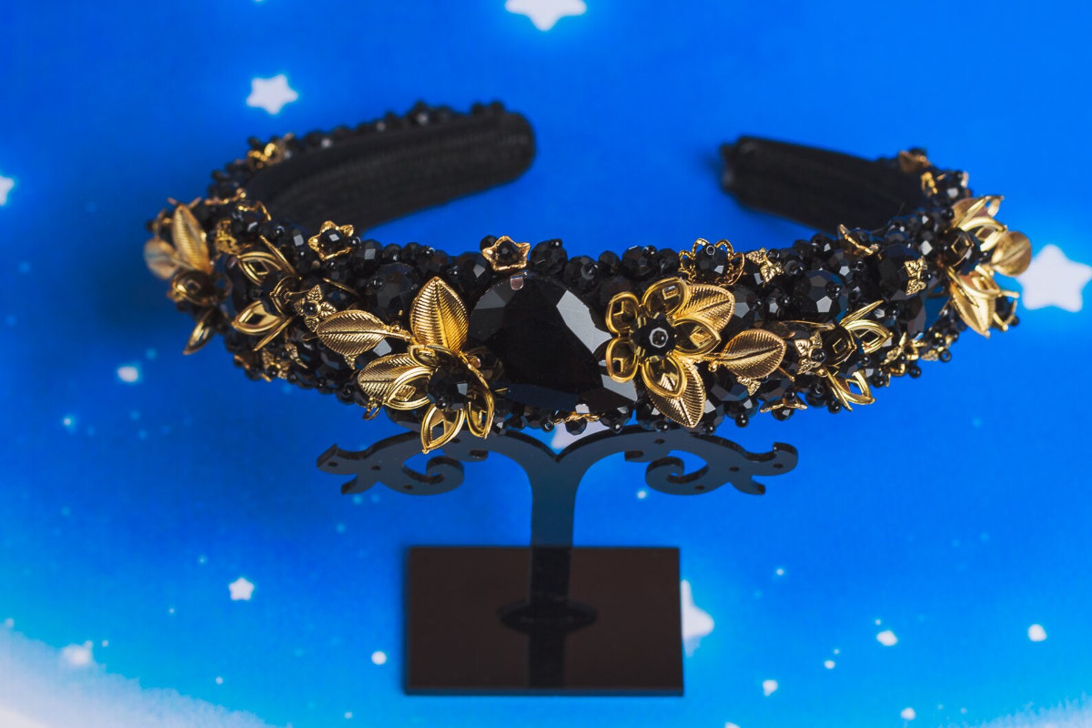 Jeweled headband Black gold beaded headband Gothic Wedding Etsy