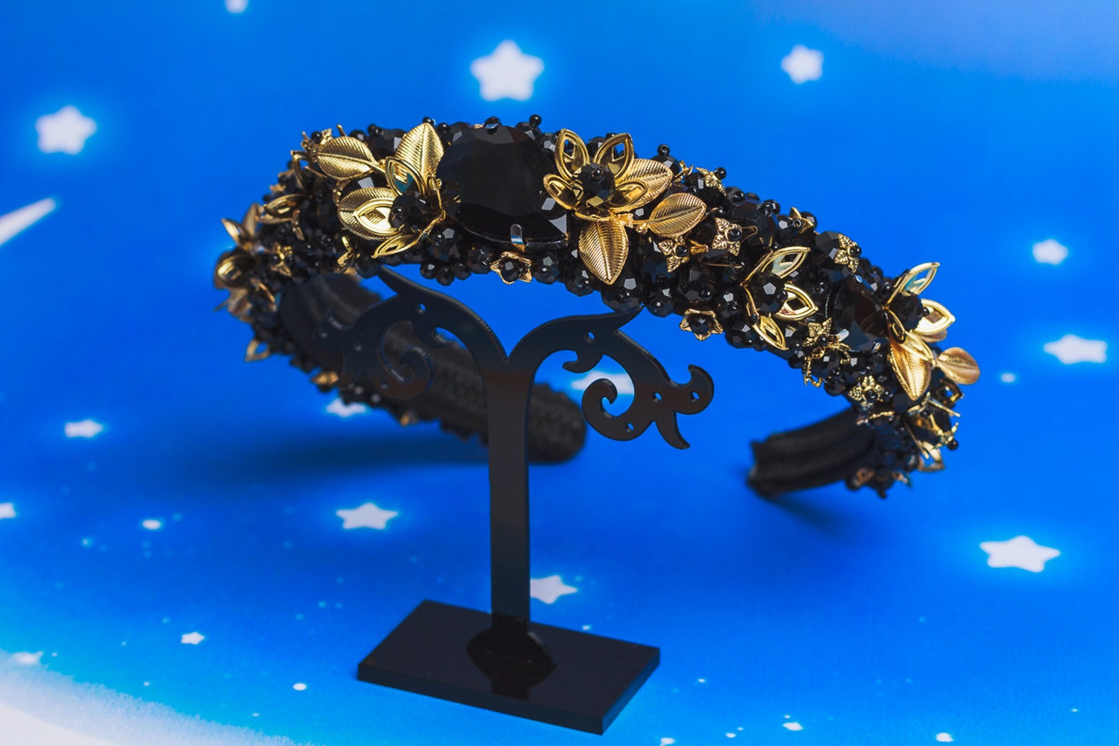 Jeweled Headband Black Gold Beaded Headband Gothic Wedding Etsy