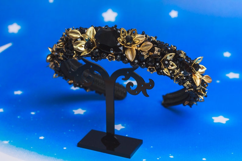 Jeweled Headband Black Gold Beaded Headband Gothic Wedding Etsy