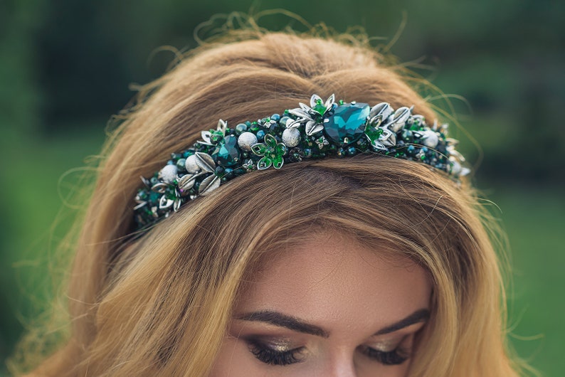 Emerald Headband Green Silver Tiara Jeweled Beaded Headband Etsy UK