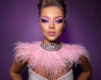 Handcrafted Pink Feather Crystal Choker – Couture Statement Collar Necklace Accessory