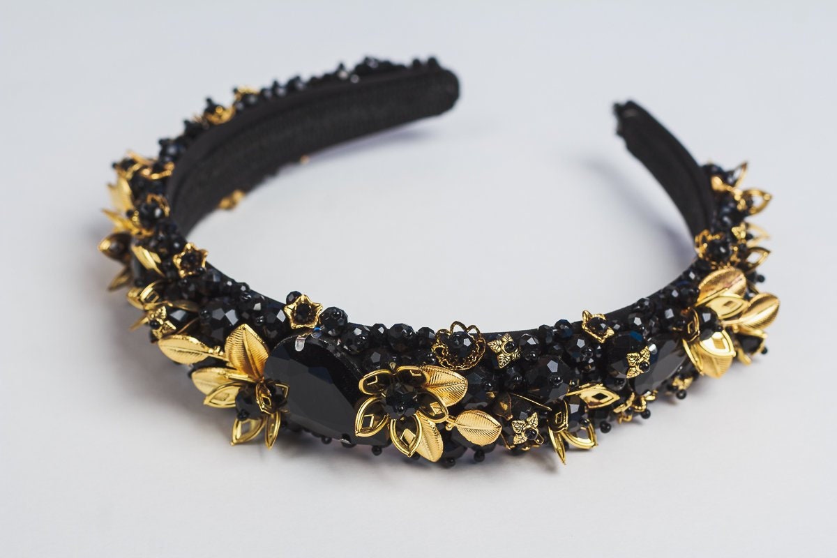 Jeweled headband Black gold beaded headband Gothic Wedding | Etsy