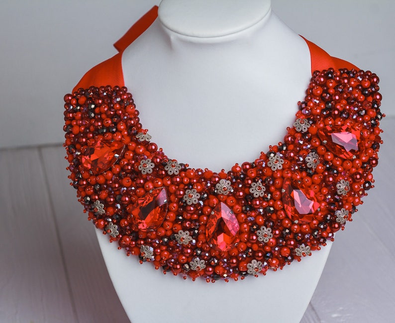 Statement Massive Necklace Red Beaded Embroidered Necklace - Etsy