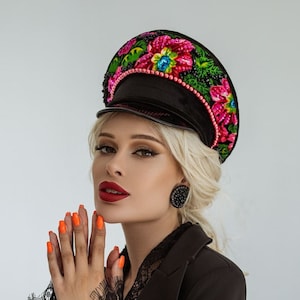 Burning man Captain hat Black and Pink flower ornament hat Festival burner hat Fashion festival accessories for Playa Jeweled Headpiece