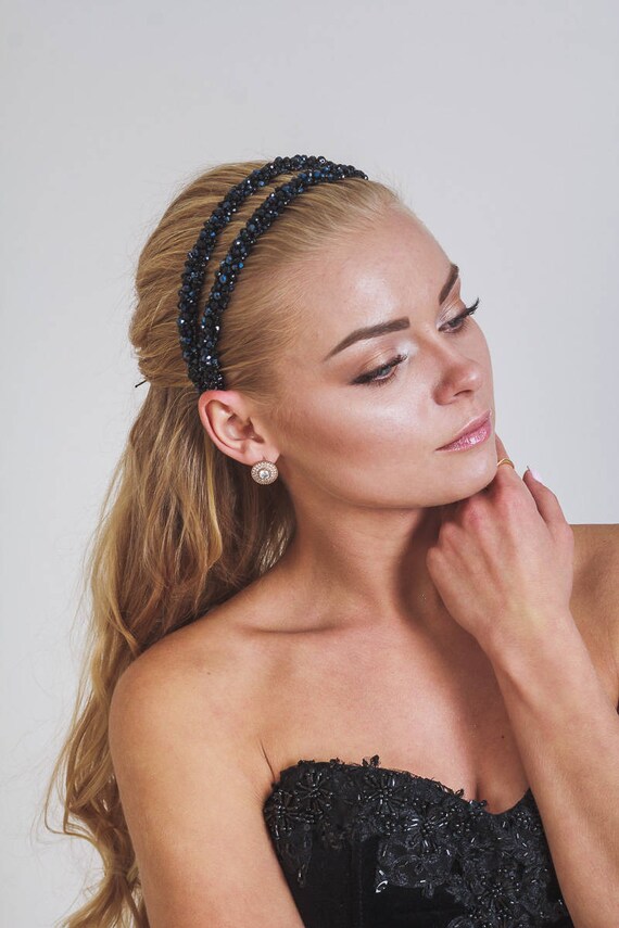 Double Headband Black Beaded Headband Baroque Modern Women Etsy