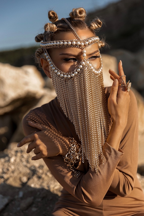 Gold face chain mask Arabic style jewelry Face chain Burning man outfit Halloween costume headpiece Gold face veil
