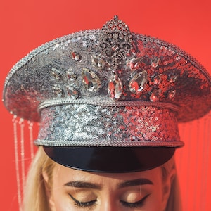 Burning man Captain hat Festival burner hat Fashion accessories Playa Wedding Silver Unisex military hat with chains Jeweled Headpiece