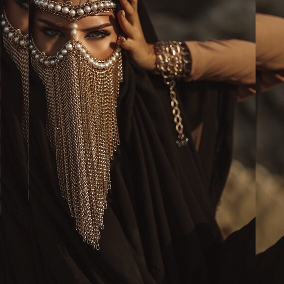 Vintage Face Chain Veil - Gold Pearl Tassel Curtain For Costume Parties & Photography