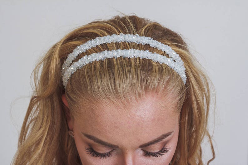 Bridal Thin Headband Double Band Tiara White Clear Beaded Etsy