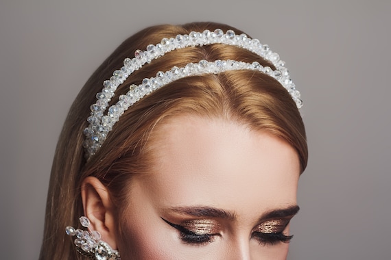 Bridal Thin Headband Double Band Tiara White Clear Beaded Etsy