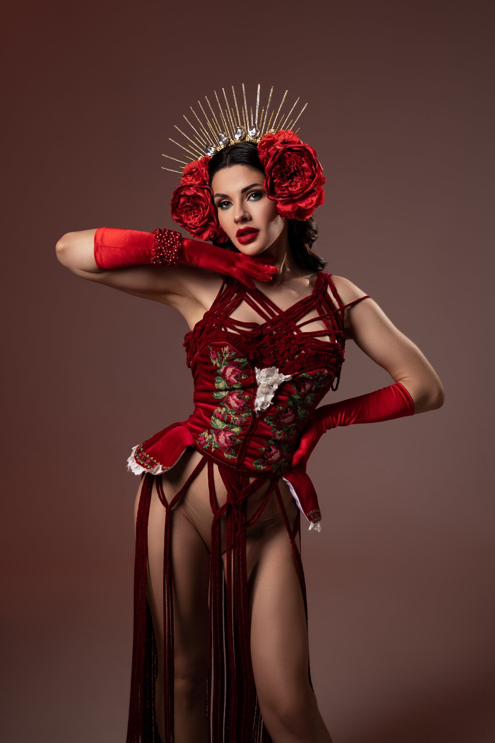 Red Flower headpiece Red Day of the dead crown Mexican flower crown Dia de los muertos headpiece Shover party accessories burning man outfit