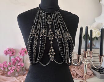Black Body Chain Necklace | Gothic Beaded Body Jewelry | Statement Chest Piece | Festival Outfit Woman | Handmade Luxury Harness