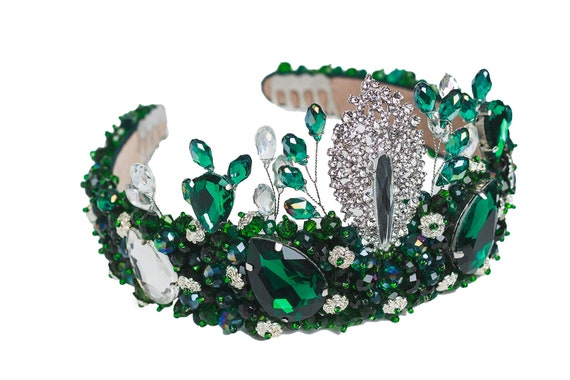 Emerald crown handmade green royal wedding tiara silver emerald drop crystals emerald wedding bridal crown gift for her costume accessories