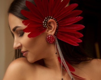 Red Feather Ear Wrap Cuff for Ear Natural Feathers Jewelry Boho Gothic Fairy Ear Cuff Feather Ear Cuff Masquerade Festival Earrings