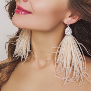 Ivory Ostrich feathers earrings Boho fringe long earrings Wedding bridesmaids Christmas gift for woman luxury Bridal fluffy beige earrings