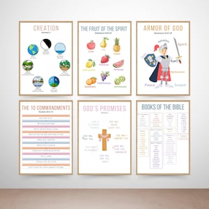 Decoración de la pared de la escuela dominical Signo de los diez mandamientos Arte de la pared cristiana imprimible Diez mandamientos Niño imprimible Paquete de carteles de aprendizaje bíblico para niños