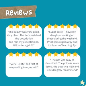 May include: Four customer reviews with five-star ratings for a digital product. The reviews highlight the quality, ease of use, and fast response times. The text includes quotes from customers, such as "The quality was very good, Very clear. The item matched the description and met my expectations. Will order again!!!" and "Super easy!!! I have my daughter working on these during the weekend. Print came right away and it's hours of learning. Ty!"