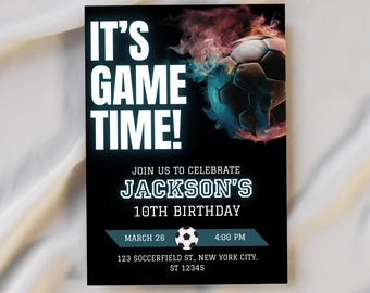 Inviti per feste di compleanno a tema calcio per bambini, modello Canva stampabile e modificabile, download digitale istantaneo, inviti per feste di calcio per bambini, design color verde acqua